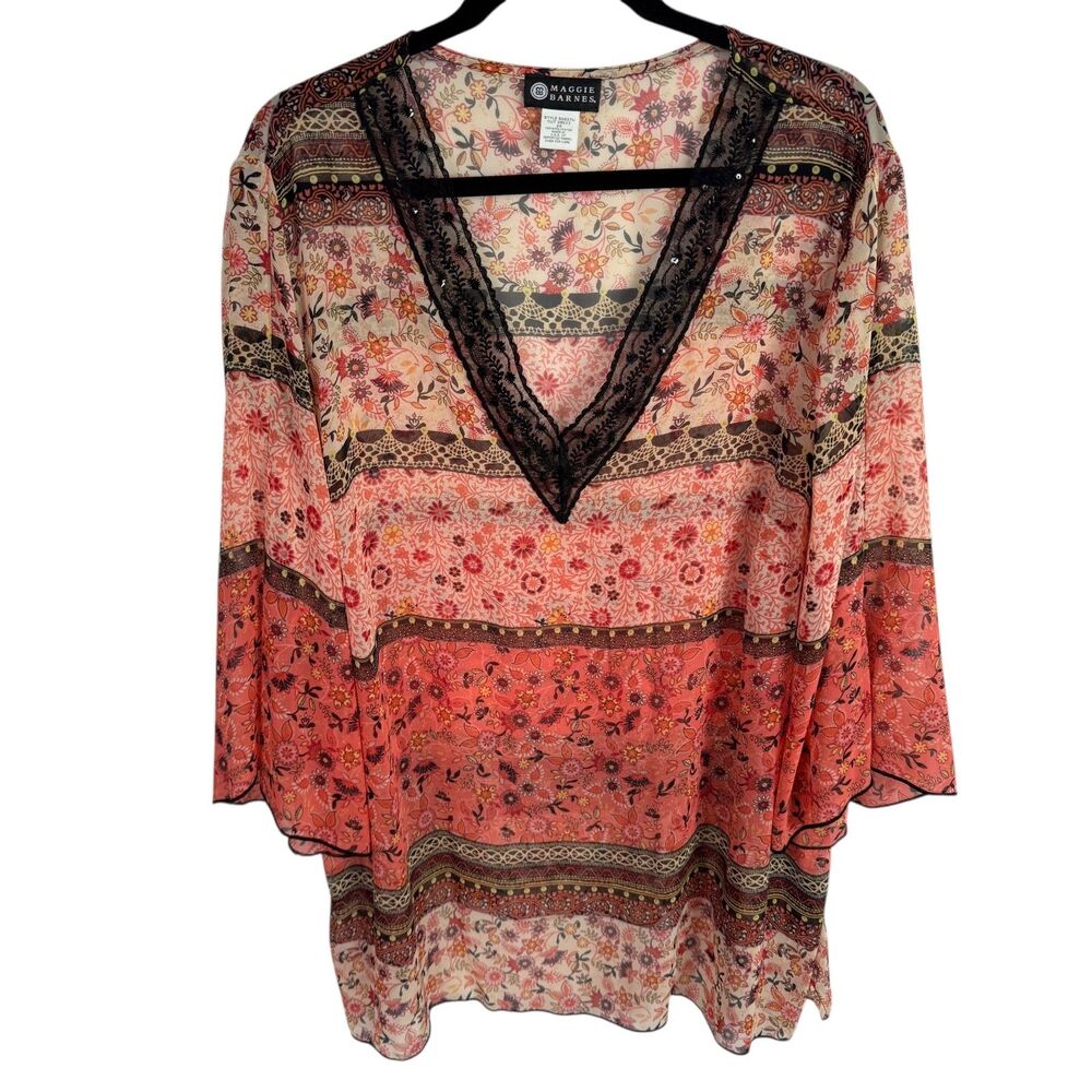 Maggie Barnes Women's Blouse Top Size 2X Pink Print V-Neck 3/4 Sleeves